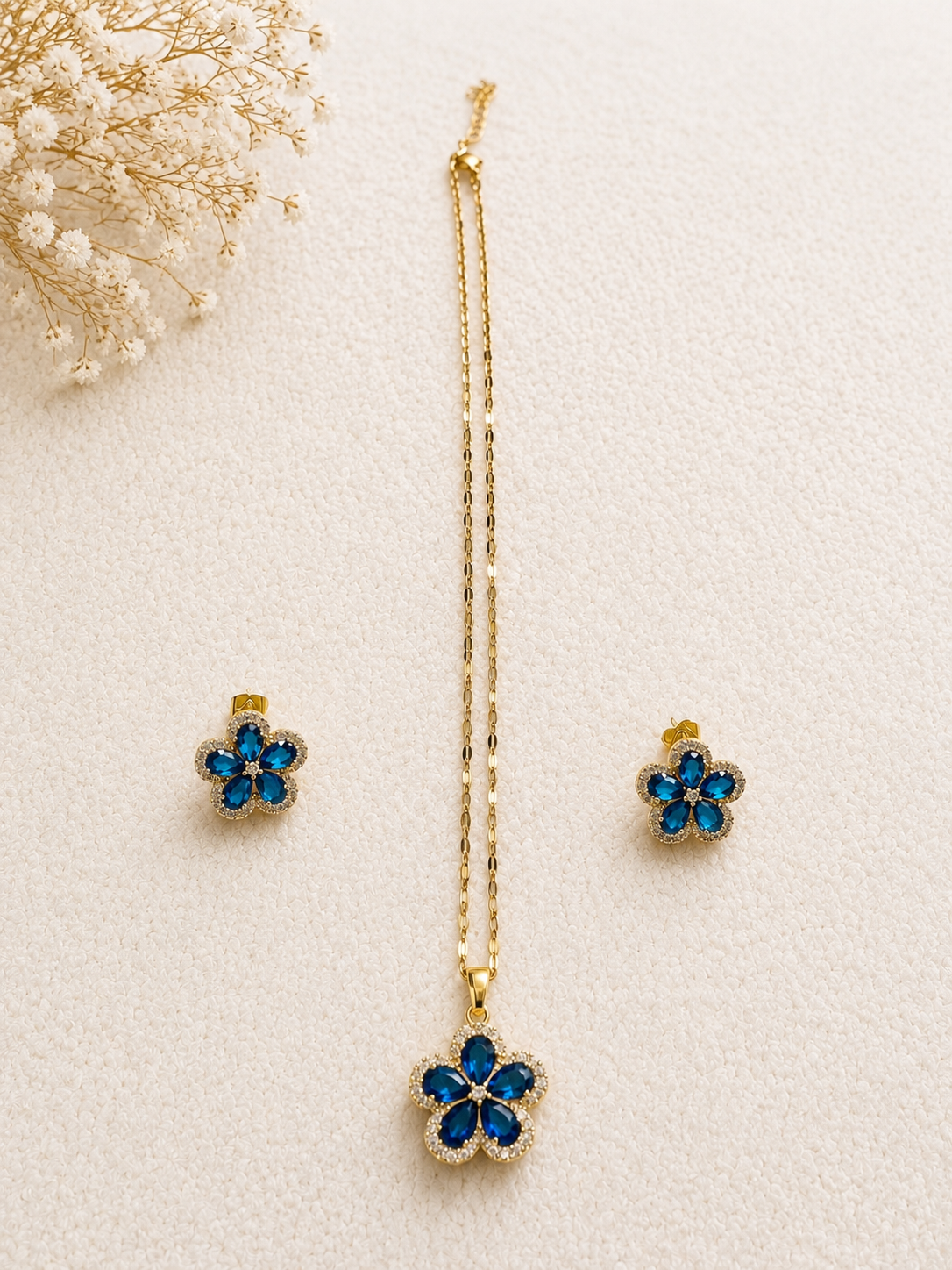 Ensemble collier & boucle d'oreille - Fleur 5 pétales - Blue