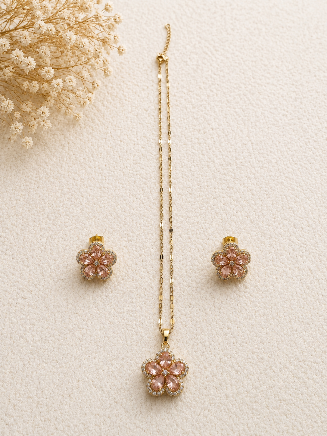 Ensemble collier & boucle d'oreille - Fleur 5 pétales - Pink